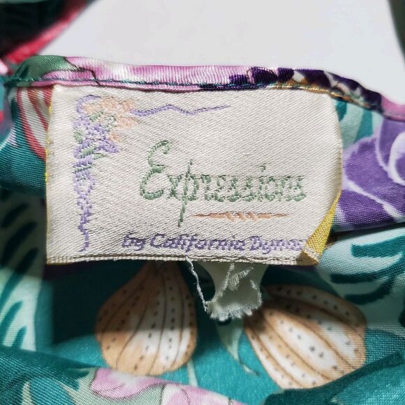 Vintage CALIFORNIA DYNASTY Floral Print Satin Chemise Slip Size L Teal Womens - Picture 7 of 8